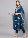 Gosriki Women'S Cotton Blend Straight Embroidered Kurta With Pant & Dupatta (Weekend Blue_New_Xxl-Go_Blue_Xx-Large),Blue,2,B0B4FY1ZZ8