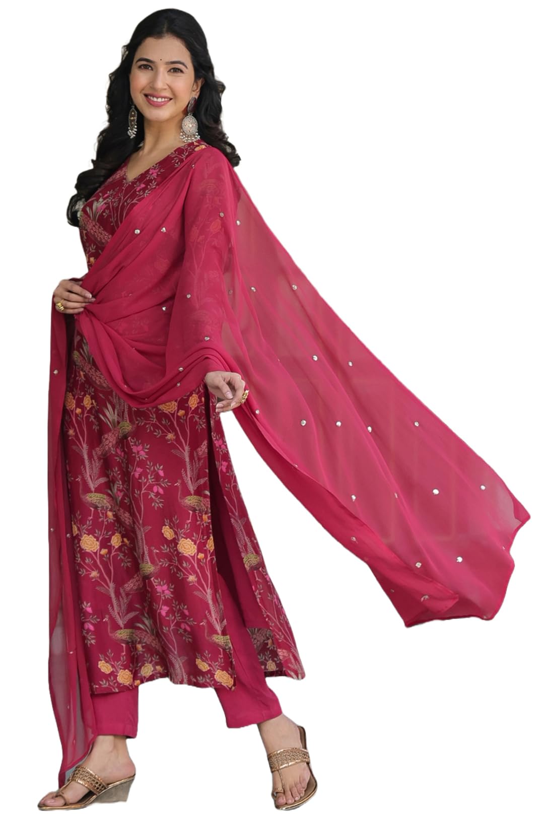Gosriki Women'S Rayon Blend Straight Printed Kurta With Pant & Dupatta (Shoko Red-Gs_M_Red_Medium),Red,,B0CQPH3S5M
