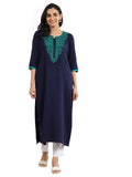 Libas Women'S Viscose Rayon Yoke Design Straight Kurta (29657_Navy Blue_L)