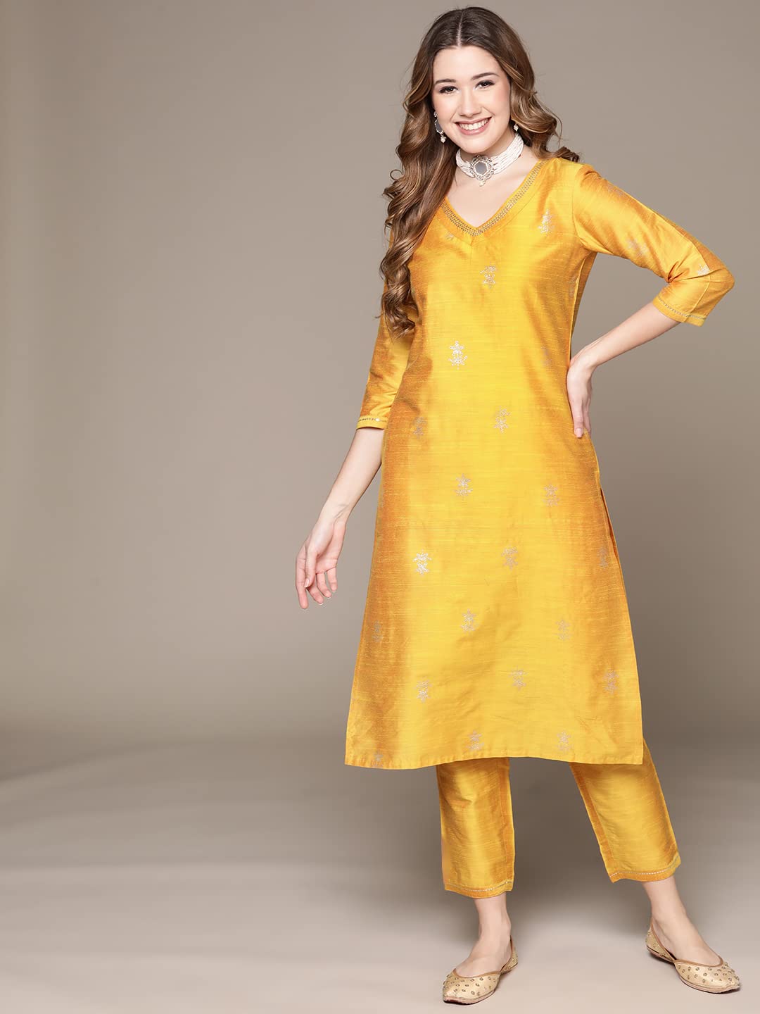 Anubhutee Women'S Cotton Yellow Ethnic Motifs Printed Straight Kurta Suit Set With Pants Yellow M