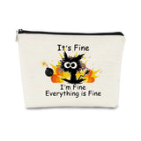 Funny Cat Makeup Bag,Its Fine Im Fine Everythings Fine,Black Cat Cosmetic Bag,Fire Keep Calm Cute Small Pouch,Birthday Gift,Cowo