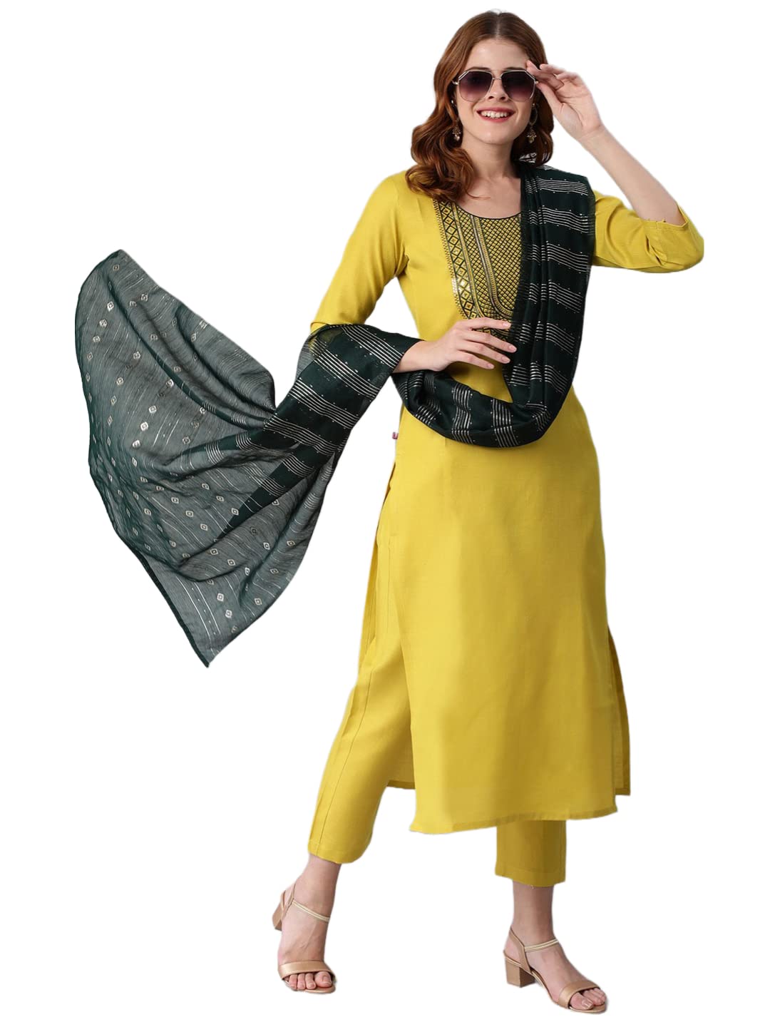 Gosriki Women'S Cotton Blend Solid Straight Kurta With Pant & Dupatta (Ratar-Mahendi-Gs_Xxl_Mustard_Xx-Large),Mustard,2,B0BY5BSJC2