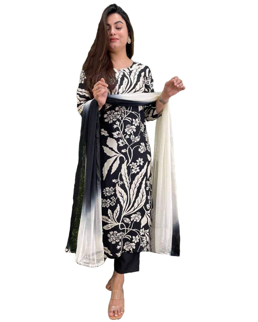 Anni Designer Women'S Cotton Blend Printed Straight Kurta With Pant & Dupatta (Jasper Black_5Xl_Black_Xxxxx-Large),Black,5XL