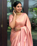 Flosive Womens Present Banarasi Soft Lichi Silk Saree Beautiful Jacquard Rich Pallu Design Work Zari Woven Kanjivaram Silk Style Saree With Soft Lichi Silk Blouse Piece (D Pink)
