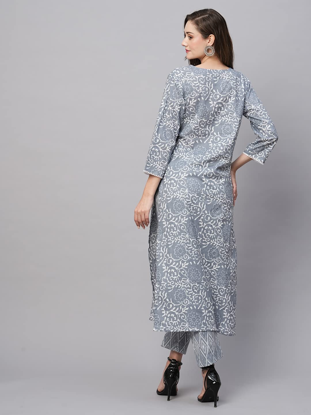 Anni Designer Women'S Cotton Blend Straight Printed Kurta With Pant (Gulika Grey_L_Grey_Large),Grey,L,Cotton Blend,Regular,Kurta