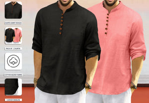 Royalscout Men'S Cotton Polyester Blend Solid Regular Fit Full Sleeve Short Kurta | Ethnic, Lightweight Summer Kurta For Daily & Occasion Use Black-Peach Black-Peach 3Xl