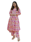 GRECIILOOKS Anarkali Womens Kurta Set - Viscose Rayon Printed Kurta and Straight Pants | Traditional Indian Festive Outfit for Functions and Puja | Trendy Look for Travel and, Pink, L