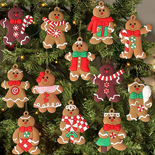 12pcs Gingerbread Man Ornaments for Christmas Tree Assorted Plastic Gingerbread Figurines Ornaments for Christmas Tree Hanging D