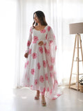 Women Floral Print Anarkali Kurta With Pant And Duptta (Large White-Pink),White-pink,L,Georgette,Anarkali,Dupatta