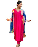 Anni Designer Women'S Cotton Blend Straight Solid Kurta With Pant & Dupatta (Kisori Pink_L_Pink_Large),Pink,L