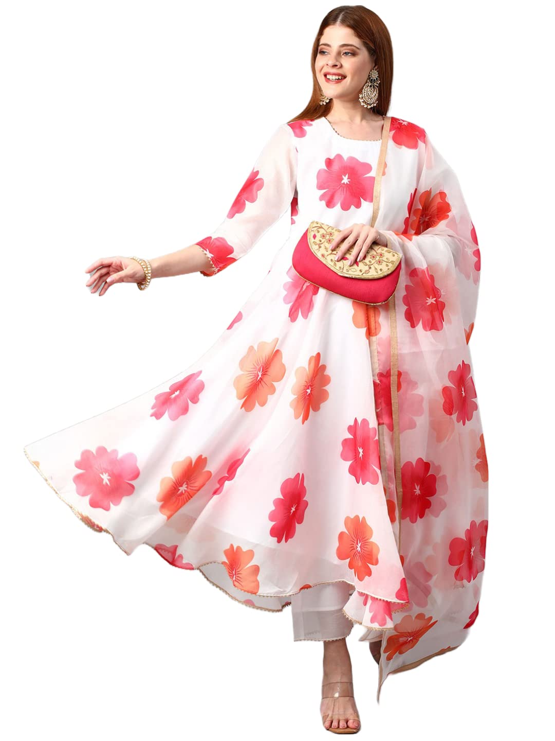 Anni Designer Women'S Chanderi Cotton Flowers Printed Anarkali Kurta And Pant With Dupatta Set (Anarkali-White-Nw_L_White_Large),White,L