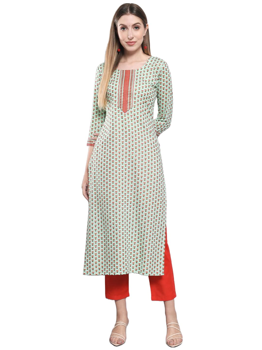 Anni Designer Women'S Cotton Blend Traditional Straight Printed Kurta And Pant Set (Amd 555-Green_Xxl_Green_Xx-Large),Green,2XL
