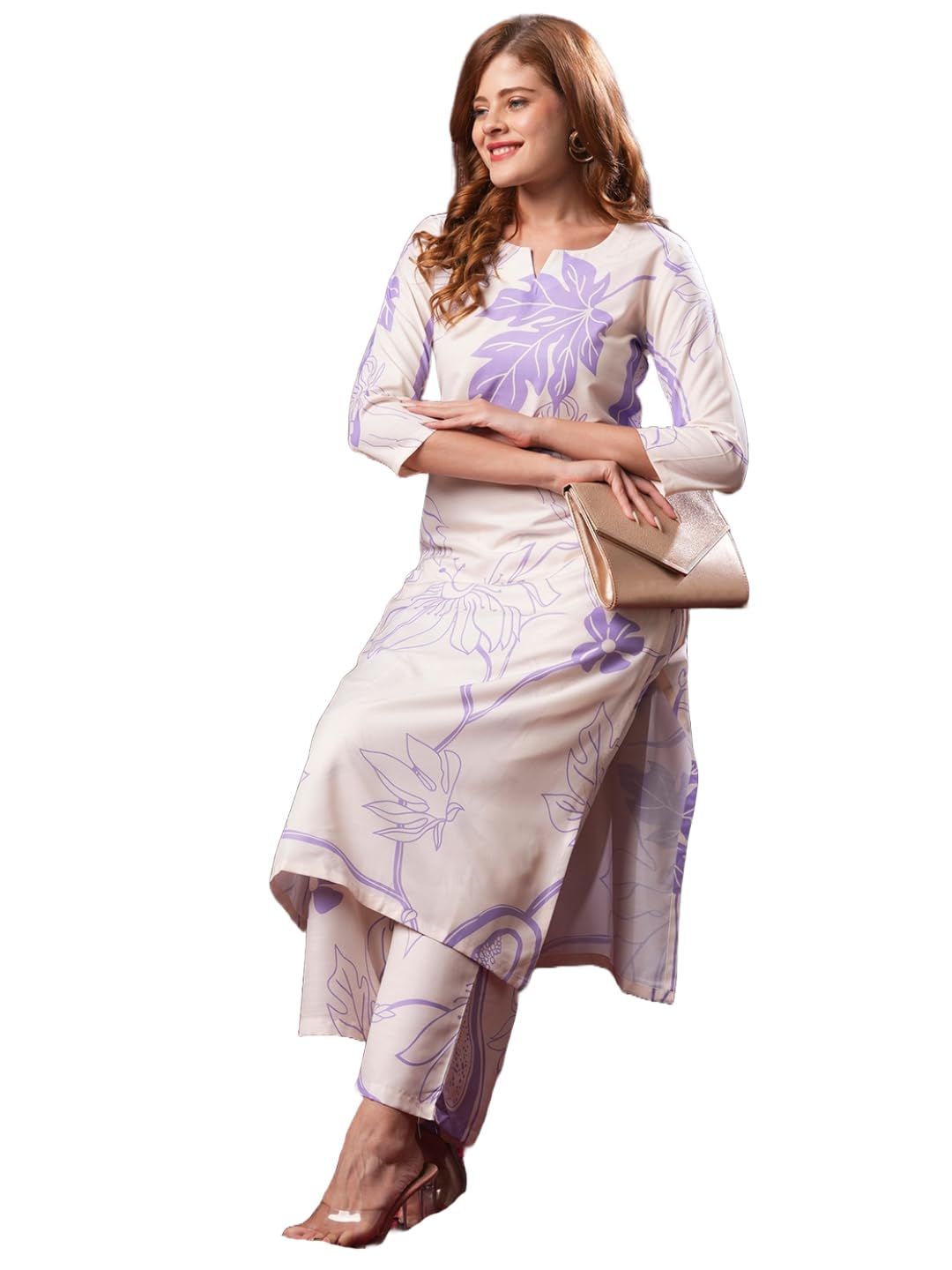 Anni Designer Women'S Rayon Blend Straight Printed Kurta With Palazzo (Gaya Purple_L_Purple_Large),Purple,L