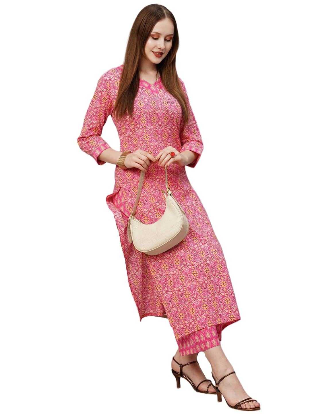 Gosriki Women'S Cotton Blend Printed Straight Kurta With Pant (Vasa Pink-Gs_M_Pink_Medium),Pink,,B0CBPS5HQF