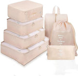 Travel Packing Cubes Set Of 7, Nylon Waterproof Luggage Organiser With Shoe Bag, Drawstring Bag And Cosmetic Pouch, Beige