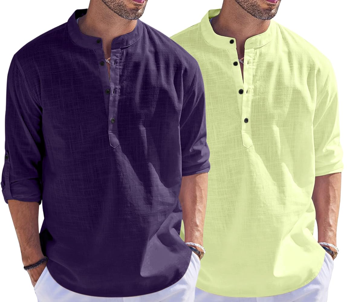 Bellstone Men'S Cotton Blend Solid Regular Fit Dress Shirt (Kurta1500_Combo_Purple & L Yellow_Xl Light