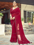 Satrani Women'S Georgette Stone Work Border & Piping Border & Tassels Saree With Unstitched Blouse Piece (3432S301N_Red1)