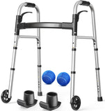 HolyHeal Folding Walker with 2 Precut Tennis Balls, Lightweight Walkers for Seniors with Wheels, Support Up to 350 lbs, Height A