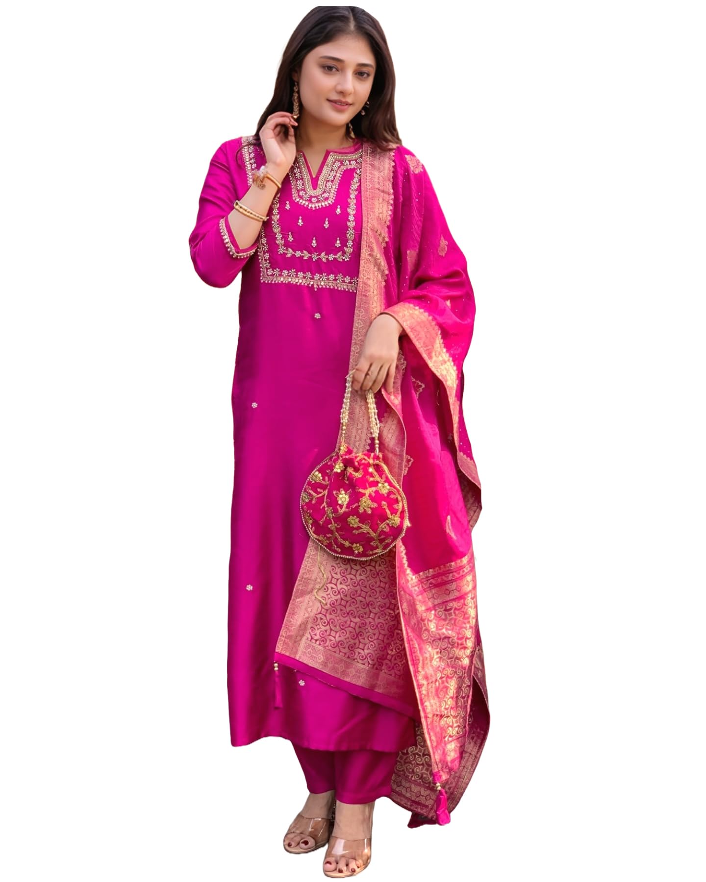Anni Designer Women'S Silk Blend Straight Embroidered Kurta With Pant & Dupatta (Manushi Pink-Vks05_Xxl_Pink_Xx-Large),Pink,2XL,,,