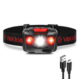 Vekkia LED Headlamp Rechargeable - 5 Lighting Modes,White & Red LEDs Head Lamp, Camping Accessories Gear. IPX4 Waterproof Headli