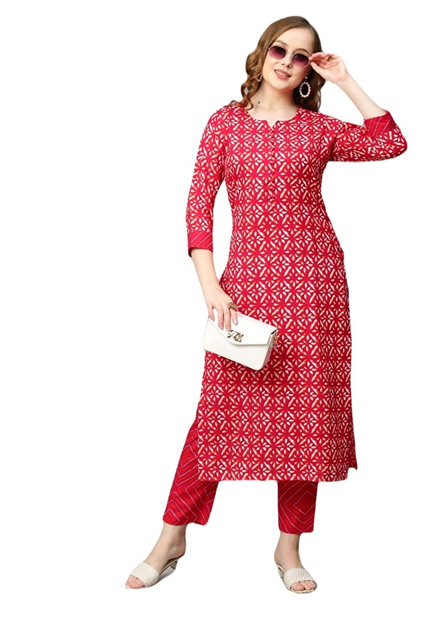 Gosriki Women'S Cotton Blend Straight Printed Kurta With Pant (Dravini Red_Xl-Go_Red_X-Large),Red,,B0BBM2ZSQP