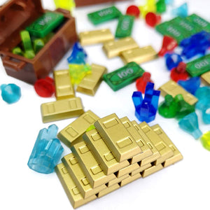 ZHX Treasure Accessories Jewel Chest, Gems Diamonds, Bullion Gold Bar, Crystals, $100 Dollar Bill Cash Toy Pirate Building Block