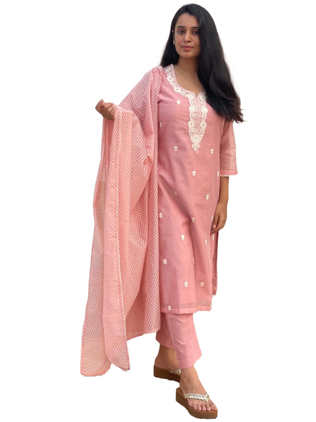 Anni Designer Women'S Cotton Blend Straight Embroidered Kurta With Pant & Dupatta (Yearend Pink_M_Pink_Medium),Pink,M