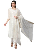 Anni Designer Women'S Cotton Blend Straight Printed Kurta With Pant & Dupatta (Gopuram Cream_L_Cream_Large),Cream,L