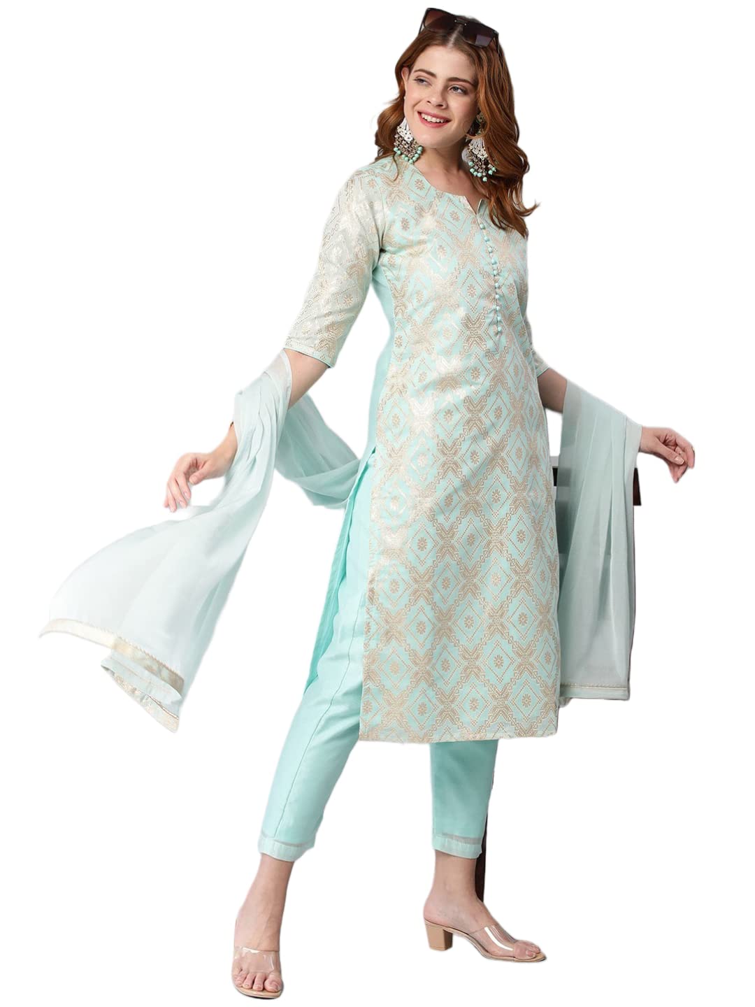 Anni Designer Women'S Banarasi Woven Straight Embellished Printed Kurta With Pant & Dupatta (Kabzaa-Cyan-Nw_L_Cyan_Large),Cyan,L
