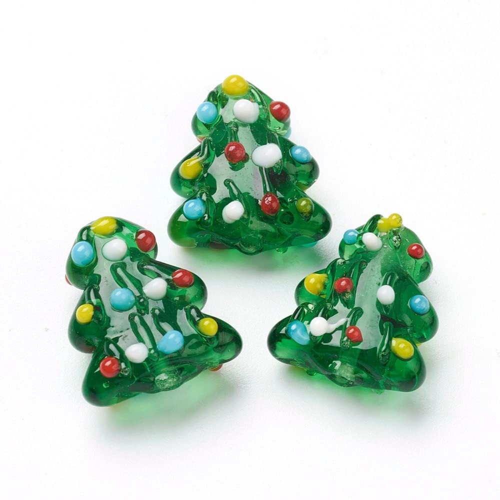 Beadthoven 20pcs Christmas Tree Lampwork Glass Beads Spacers Colorful Handmade Xmas Christmas Glass Charm Bumpy Beads for DIY Cr