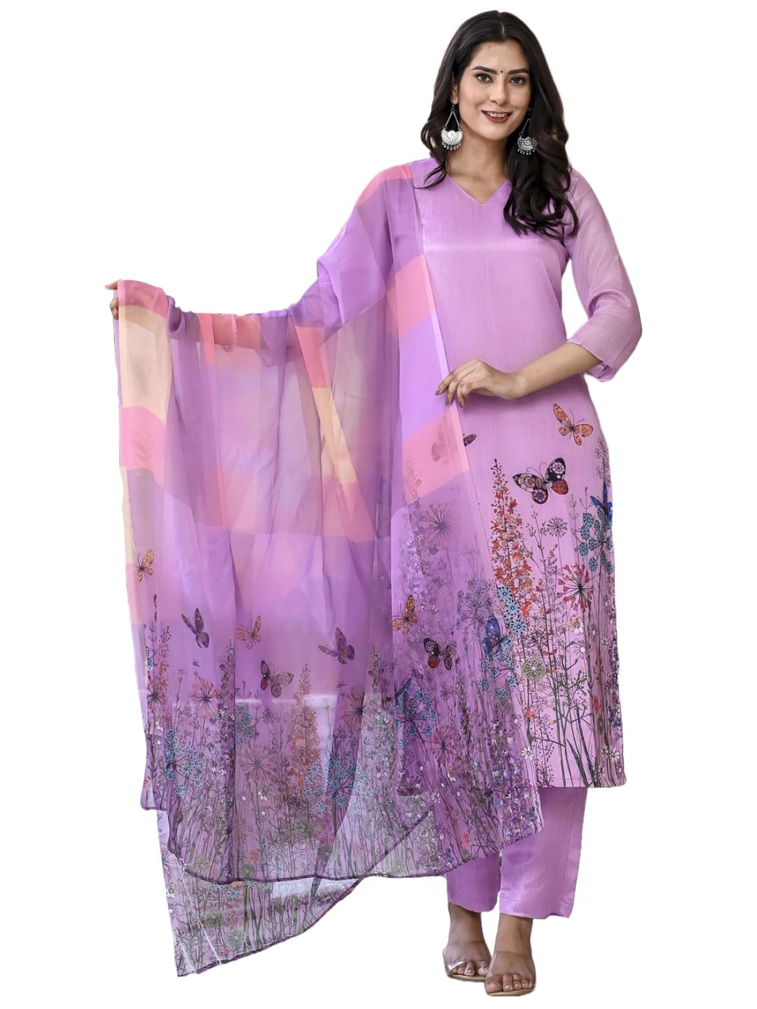 Anni Designer Women'S Cotton Blend Printed Straight Kurta With Pant & Dupatta (Rml Purple_M_Purple_Medium),Purple,M