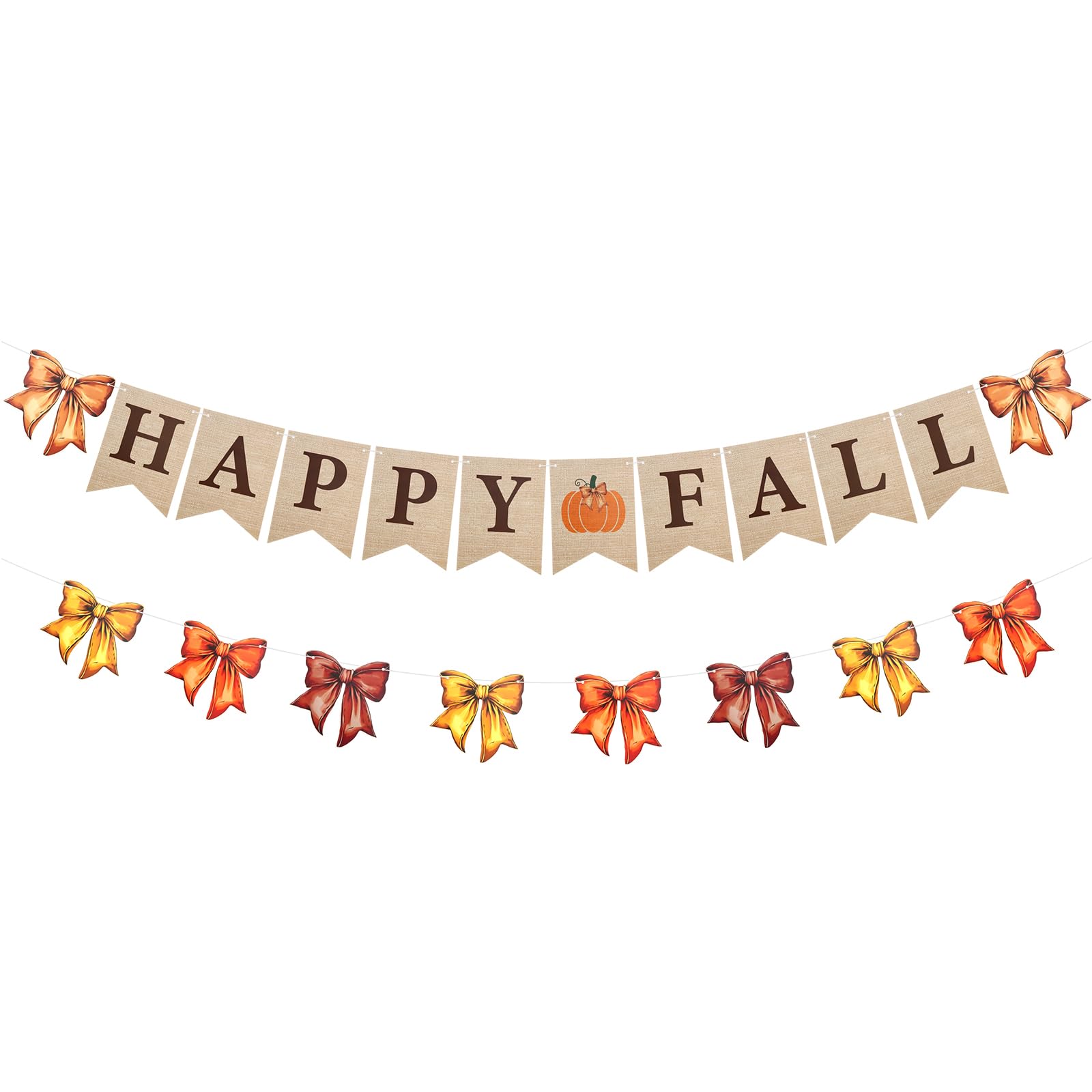 Oudain 2 Pack Fall Decor Fall Pumpkin Garland 6.56 ft Orange Pumpkin Paper Bow Hanging Banner for Thanksgiving Autumn Harvest Bi