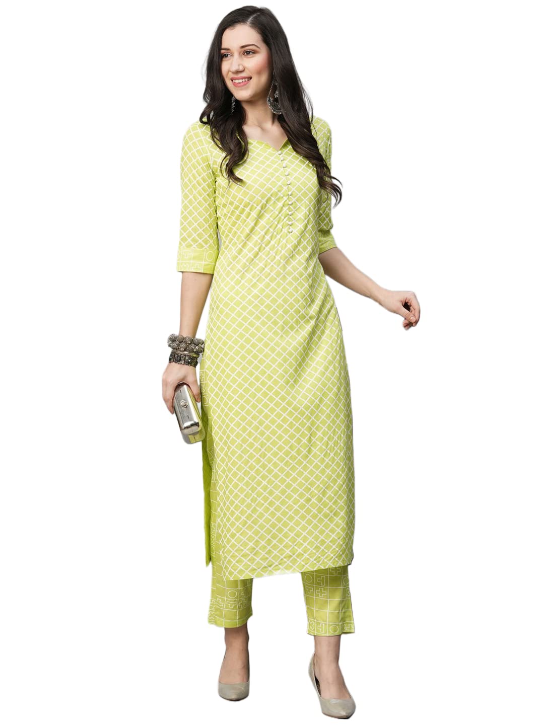 Anni Designer Women'S Cotton Blend Printed Straight Kurta With Pant (Cry-Parrot_Xl_Light Green_X-Large),Light Green,XL