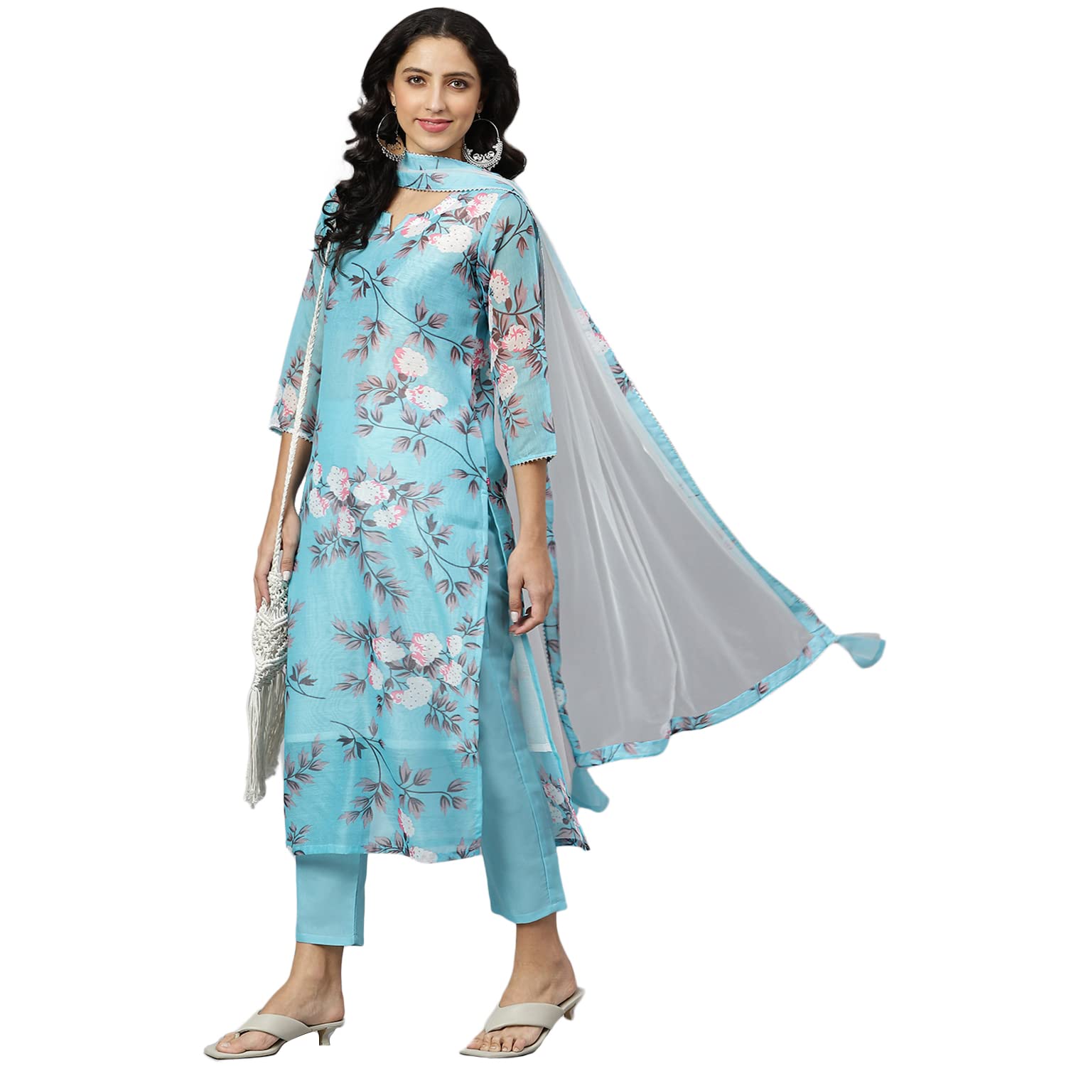 Anni Designer Women'S Cotton Blend Printed Straight Kurta Pant & Dupatta (Itta Light Blue_Xxl_Light Blue_Xx-Large),Light Blue,2XL