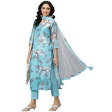 Anni Designer Women'S Cotton Blend Printed Straight Kurta Pant & Dupatta (Itta Light Blue_Xl_Light Blue_X-Large),Light Blue,XL