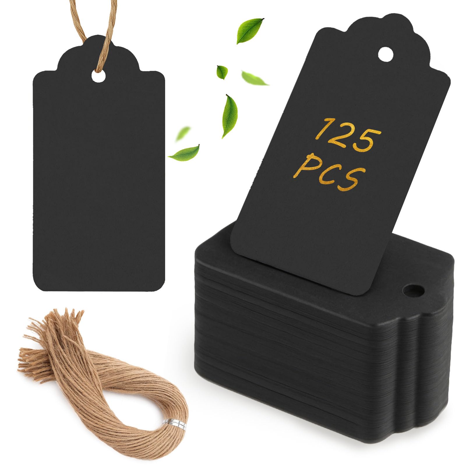SallyFashion 125pcs Gift Tags with String Attached, 1.5 x 2.8 inch Black Gift Tags Paper Black Labels for Clothes DIY Crafts Wed