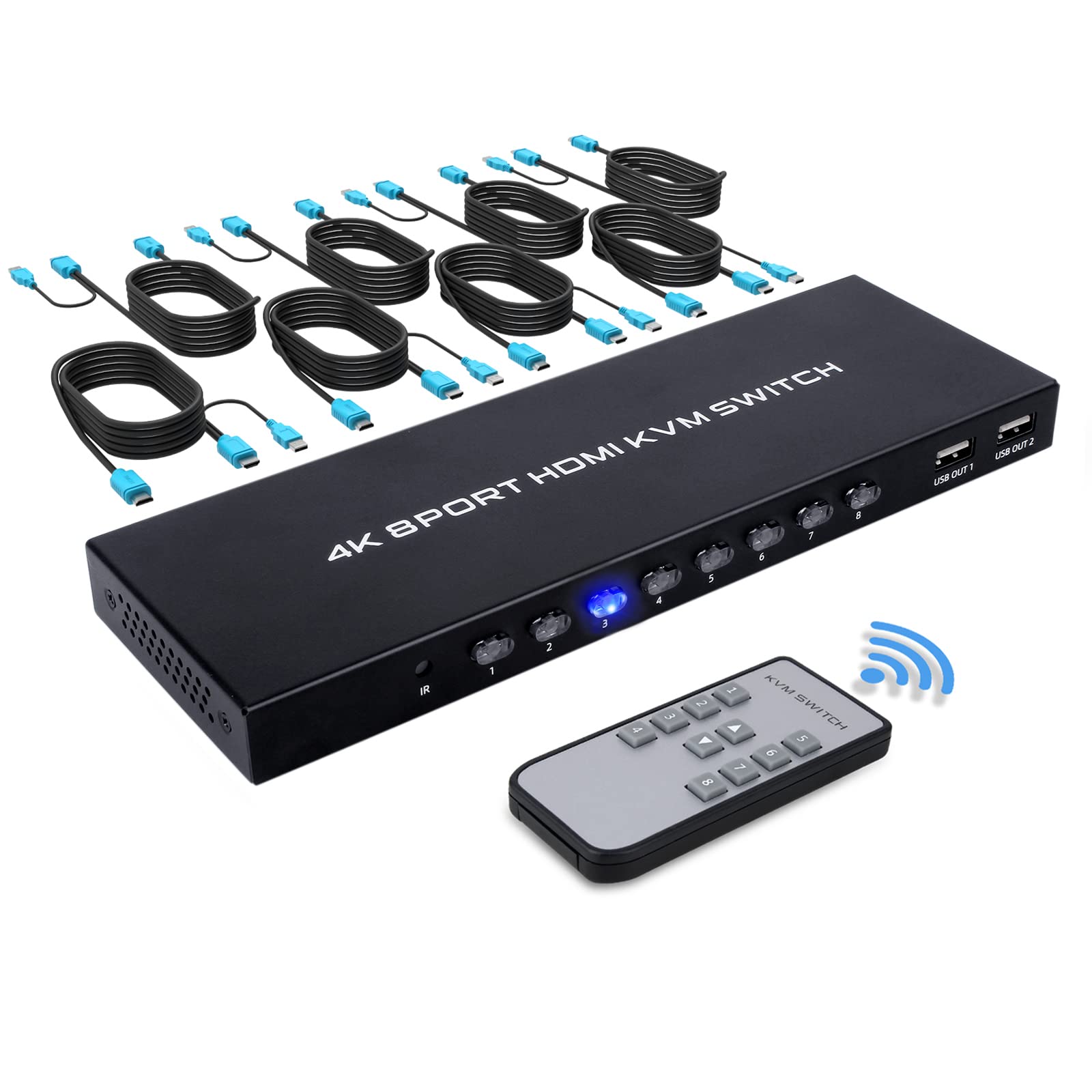 8 Port Kvm Switch, 8 In 1 Out Hdmi Kvm Switch, For 8 Pc Sharing 1 Hd Monitor And 4 Usb Devices, Support 4K@30Hz, With Ir Remote 