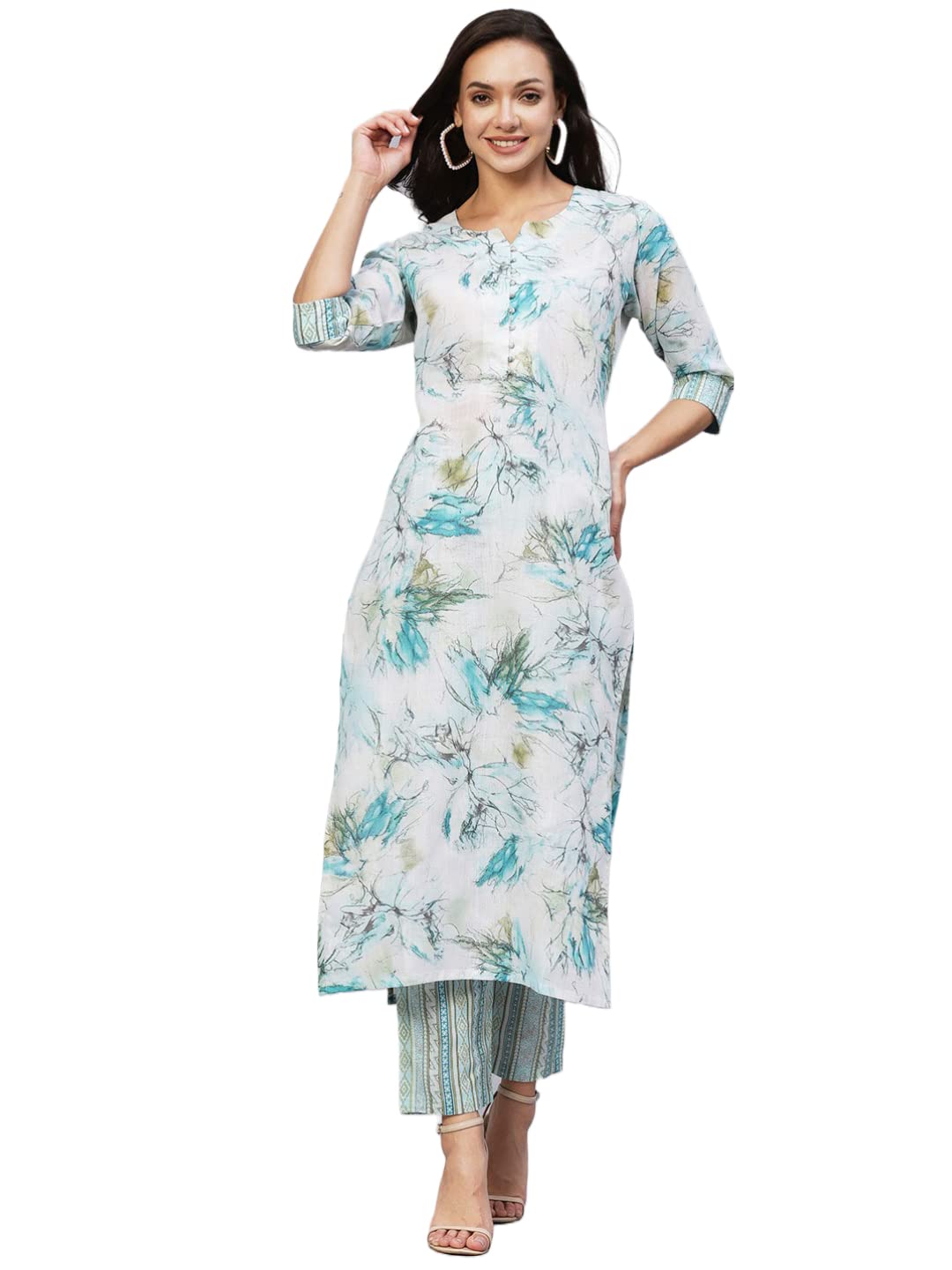 Gosriki Women'S Cotton Blend Printed Straight Kurta With Pant (Ps-Rama-Green-Gs_S_Green_Small),Rama Green,,B0C3XTX3HR