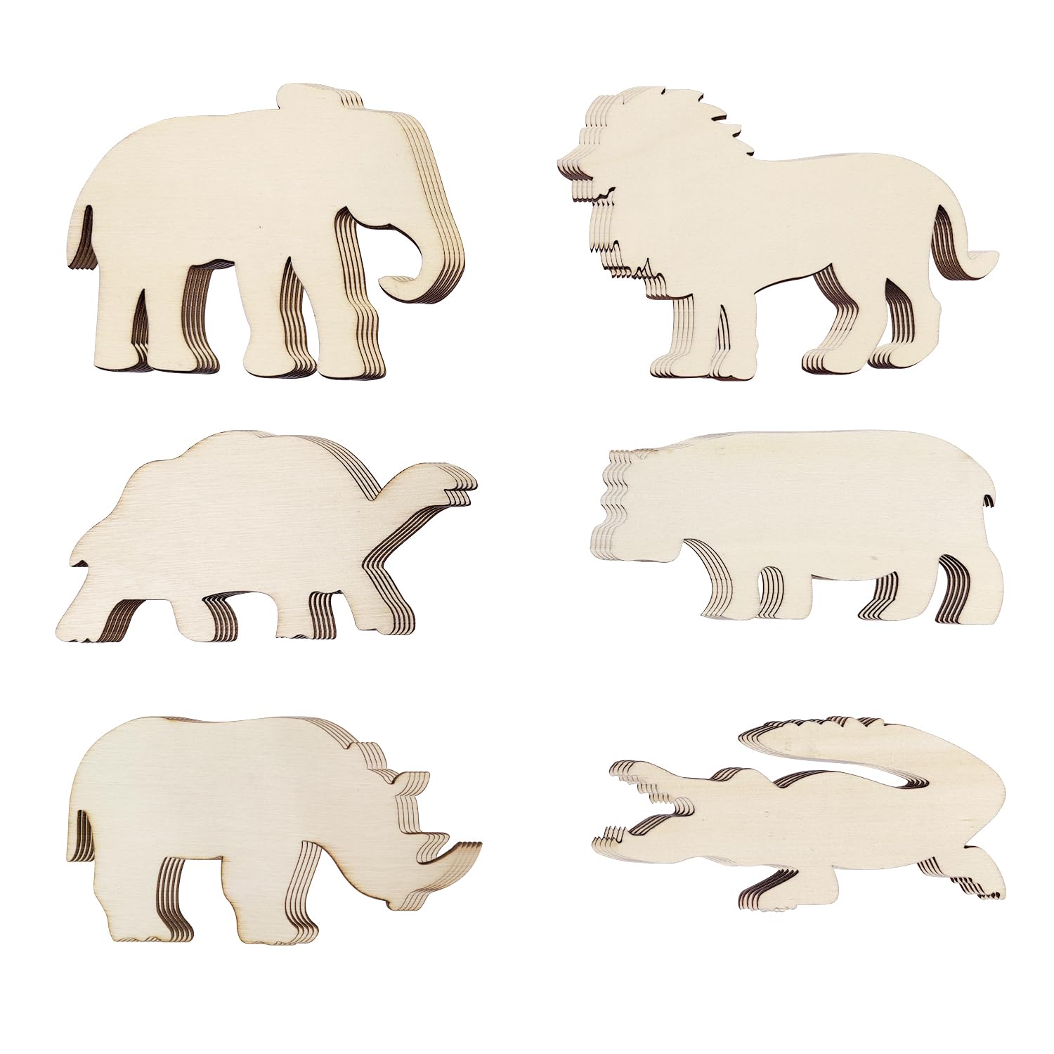 30 Pack Unfinished Wood Animal Cutouts - Jungle Crafts Wood Elephant, Rhino, Lion, Hippo, Crocodile, Turtle Cutouts to Paint Woo