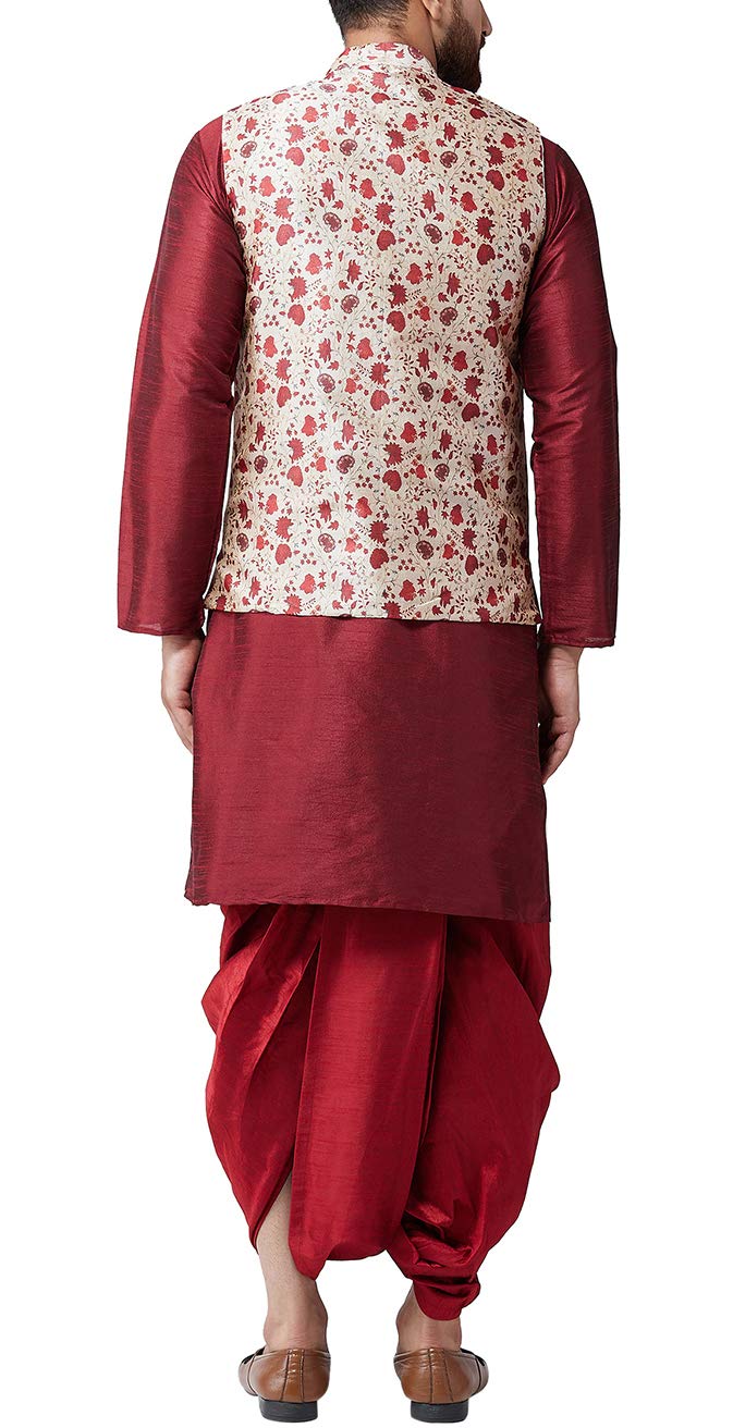 Sojanya (Since 1958, Mens Silk Blend Maroon Kurta Dhoti & Red Nehru Jacket Combo, Size: Xxl