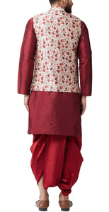 Sojanya (Since 1958, Mens Silk Blend Maroon Kurta Dhoti & Red Nehru Jacket Combo, Size: Xxl