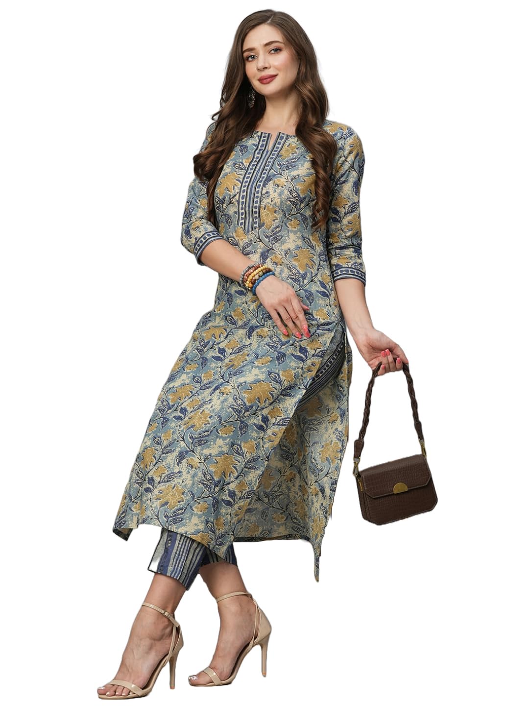 Anni Designer Women'S Cotton Blend Straight Printed Kurta With Pant Set (Prachi Blue_L_Blue_Large),Blue,L