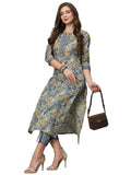 Anni Designer Women'S Cotton Blend Straight Printed Kurta With Pant Set (Prachi Blue_M_Blue_Medium),Blue,M
