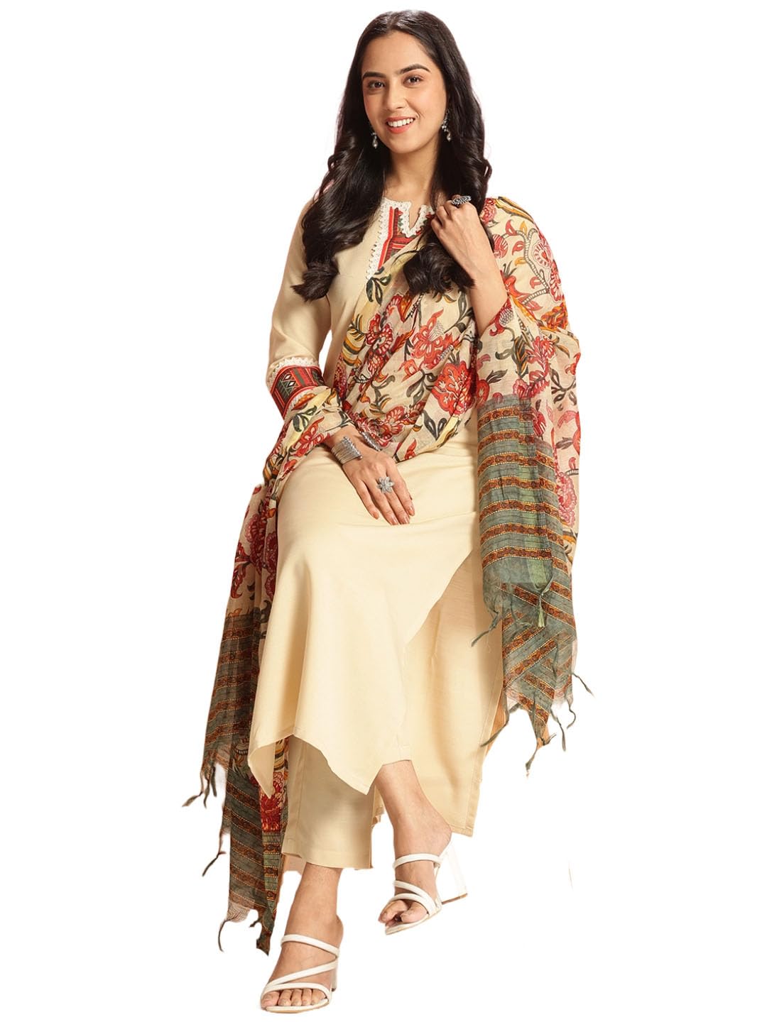 Anni Designer Women'S Rayon Viscose Floral Straight Kurta With Pant & Dupatta (Dhar-Clrs-Rb_Cream_Small),Cream,S