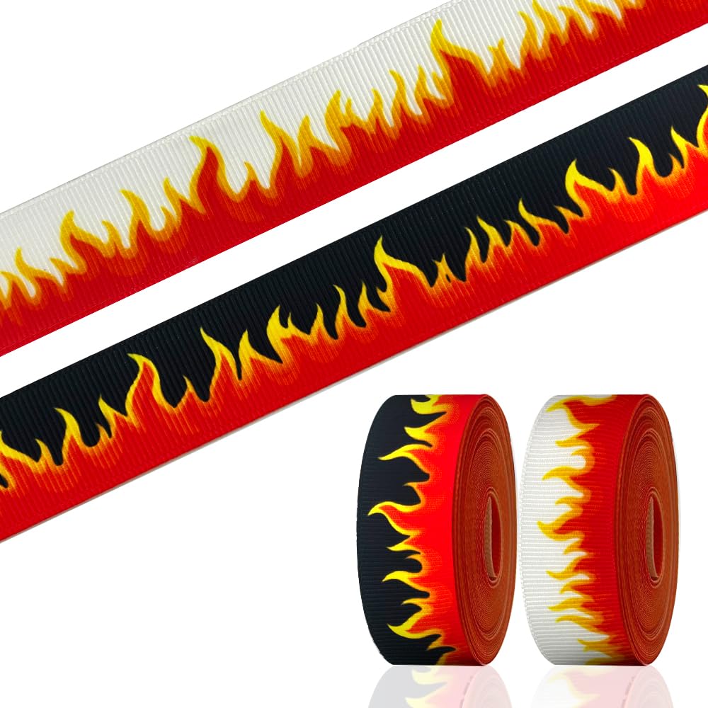 2 Rolls 14 Yards Flames Ribbons, 7/8 FireRed Orange Yellow Red Hot on Black Grosgrain Ribbons Fireman Fabric Ribbon for Gift Wra
