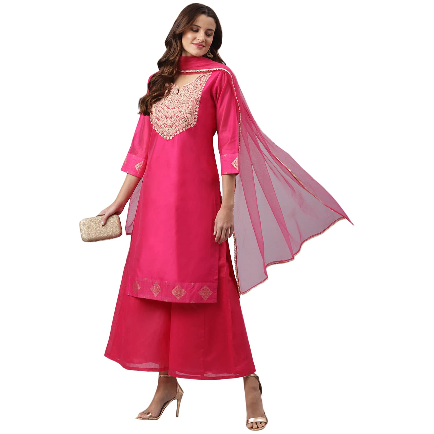 Anni Designer Women'S Cotton Blend Straight Solid Kurta With Palazzo & Dupatta (With Rani_Xxl_Rani_Xx-Large),Rani,2XL