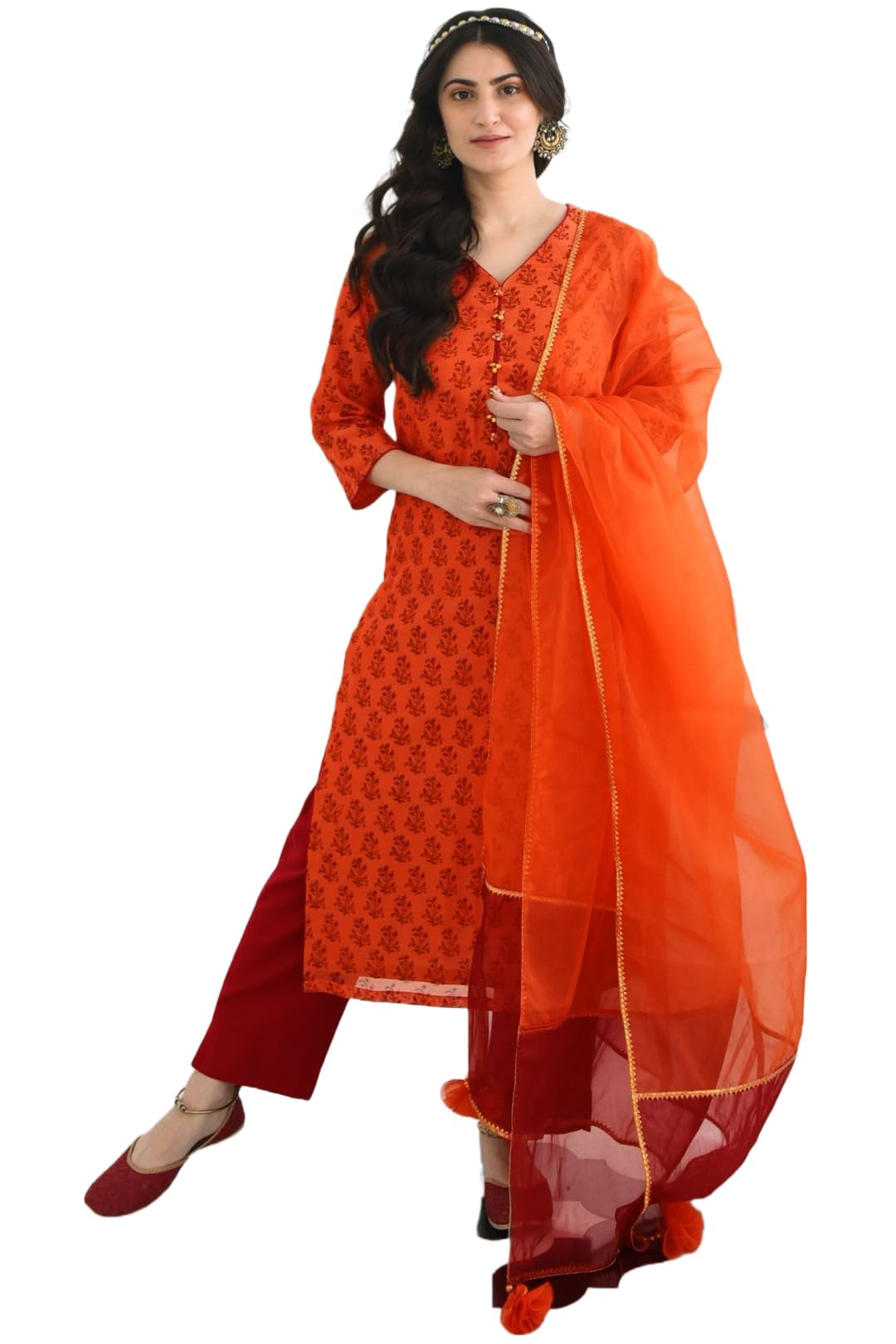 Gosriki Women'S Chanderi Cotton Printed Straight Kurta With Pant & Dupatta (Indu Orange_5Xl-Go_Orange_Xxxxx-Large),Orange,5,B0B6W8RRRM