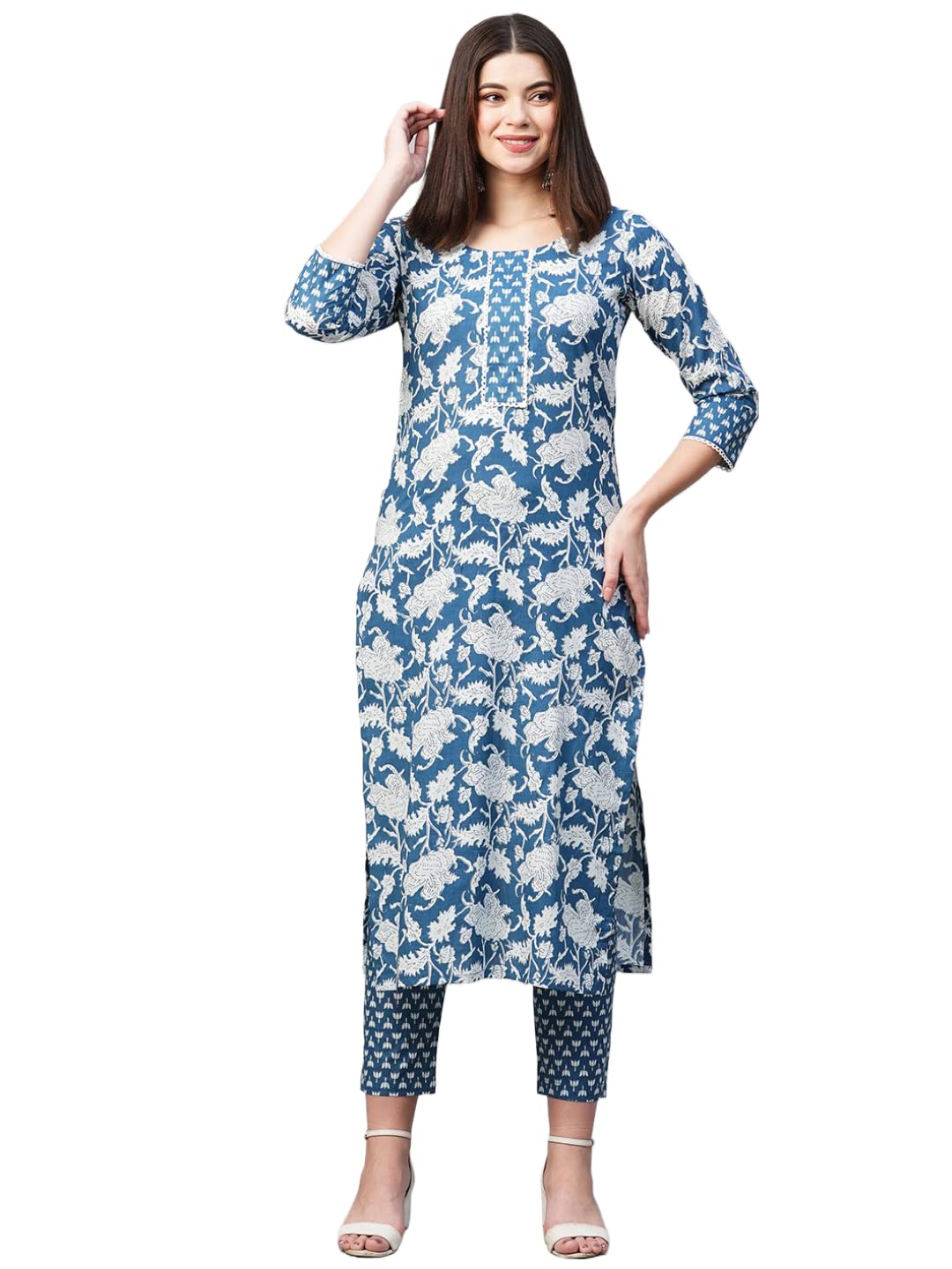 Gosriki Women'S Cotton Blend Printed Straight Kurta With Pant (Pustak Blue-Gs_3Xl_Blue_Xxx-Large),Blue,3,B0BV77MF2V
