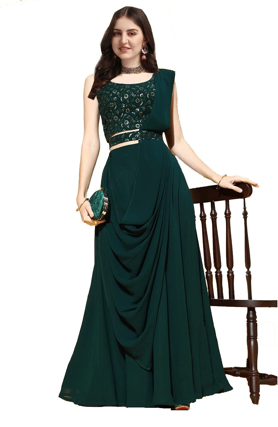 Fashion Basket Women's Georgette Semi-Stitched Lehenga Choli ($P-FB-LH-L8215-17_Dark Green_Free Size)