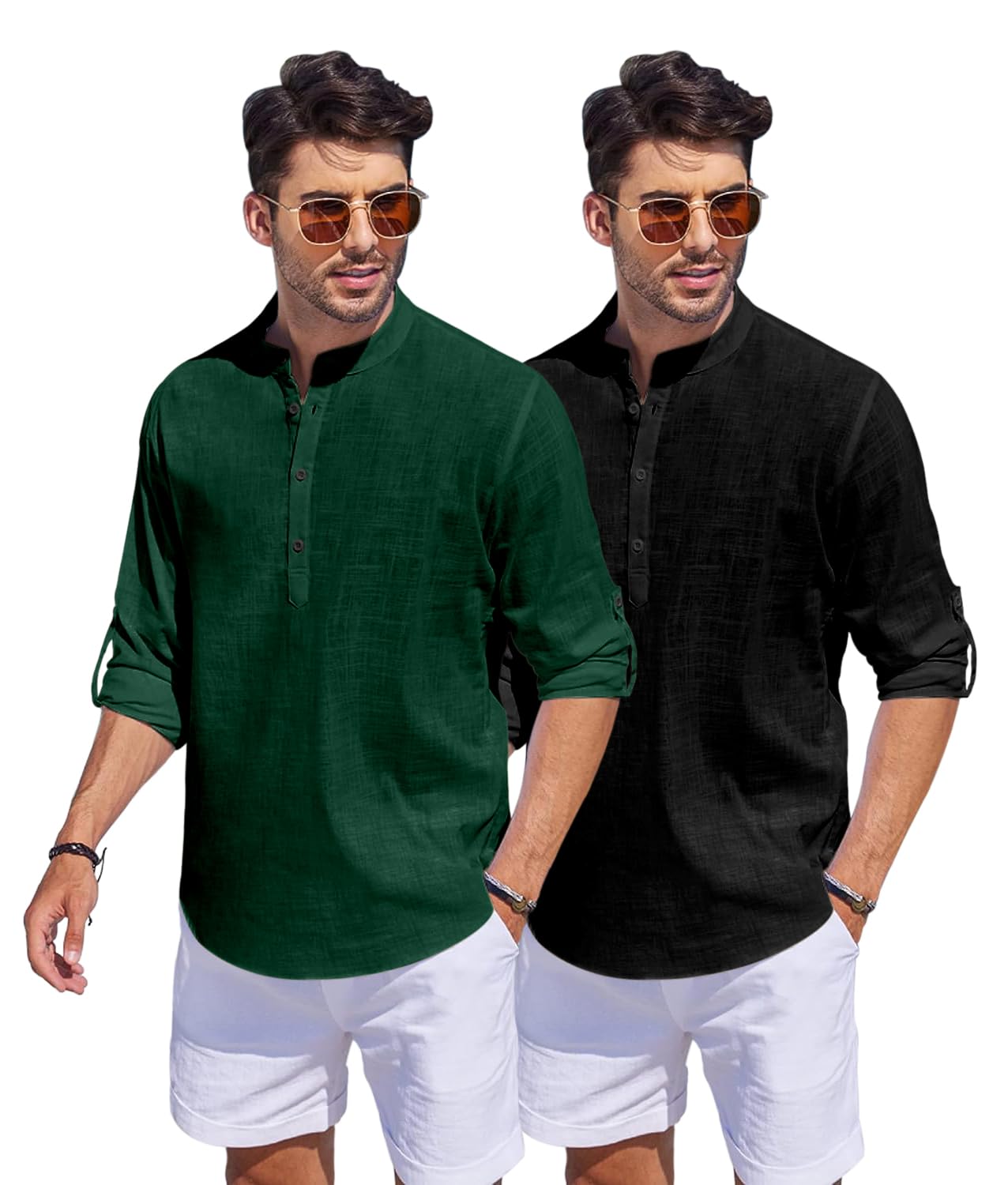 Bellstone Men'S Cotton Blend Solid Regular Fit Dress Shirt (Kurta1500_Combo_D Green & Black_Xl_Dark